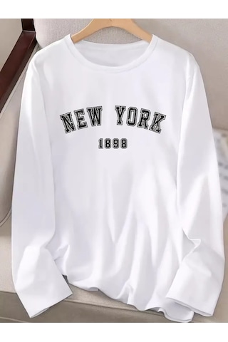 Kadın Uzun Kollu Bisiklet Yaka Yazı Baskılı Viskon Bluz Beyaz