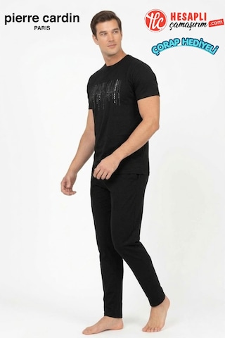 Pierre Cardin Paris Premium Erkek Bisiklet Yaka Pamuklu Penye Kısa Kollu Pijama Takım Siyah