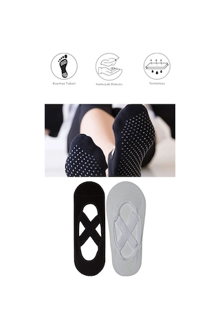 2 Adet Kadın Kaydırmaz Tabanlı Yoga Pilates Fitness Dans Ve Spor Çorabı Siyah - Beyaz