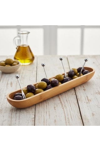 35cm Bambu Zeytinlik Doğal Ahşap Oval Uzun Servis Tabağı Meze Sunumu, Çerezlik, Atıştırmalık Tabağı Çok Renkli