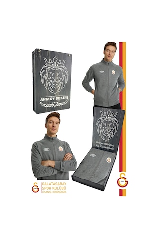 Gsstore Galatasaray Lisanslı Dik Yaka Fermuarlı Gri Sweat Kişiye Özel Hediyelik Ahşap Kutululu Gri