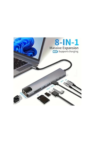 Honeybeeshop Macbook Uyumlu Ve Windows Dizüstü Bilgisayarlar İçin 8i 1 Arada Usb C Tipi 100m Rj45 Sd Tf Kart Okuyucu 4k Hdtv Adaptörü Hızlı Şarj Özellikli
