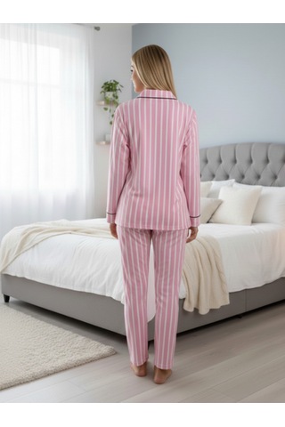 Kadın Boydan Düğmeli Çizgili 2'li Pijama Takım Pembe