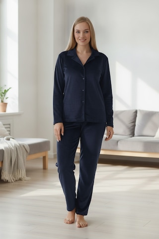 Estiva Kadın Önden Düğmeli Büyük Beden Kadife Pijama Takımı Lacivert