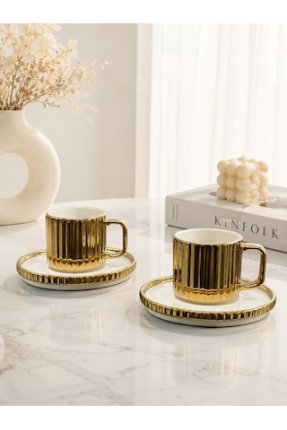 2 Kişilik Porselen Çizgili Modern Kahve Fincanı Takımı Seti 100ml Gold