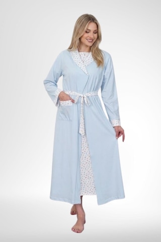 Mecit Pijama Mecit 6383 Mavi Kadın Uzun Sabahlıklı Kısa Kollu Gecelik Takımı