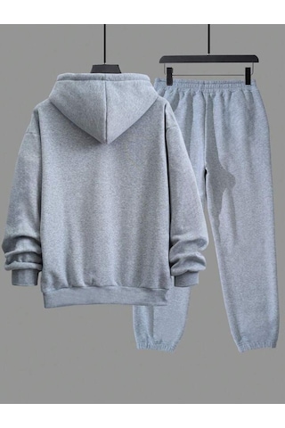 King Taç Eşofman Takımı Sweatshirt Jogger - Gri Baskılı Oversize Şardonlu Kapüşonlu Gri