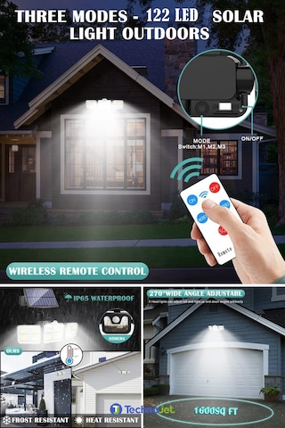 Technojet 122 Ledli Solar Güneş Enerjili Kumandalı Hareket Sensörlü Bahçe Aydınlatma Sokak Lambası Çok Renkli