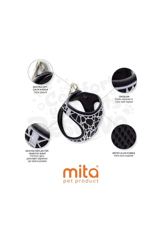 Mita Air Mesh Kedi Köpek Göğüs Tasması Çift Reflektörlü, Terletmeyen Dalmaçyalı Beyaz - Siyah
