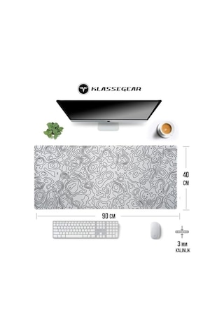 Klasse Pro - 10 Farklı Model Dikişli Kenar 90x40 Cm Oyuncu Gaming Mouse Pad White Map Lines, 90x40 Cm