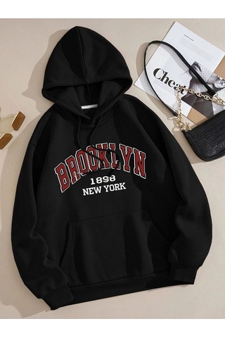 Clayes Brooklyn New York Sweatshirt - Siyah Baskılı Oversize Kapüşonlu Siyah