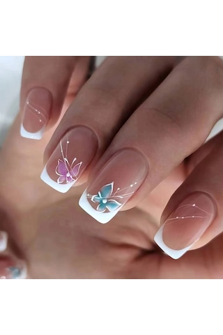 Kısa Parlak Fransız Düzensiz Takma Tırnak Çizgileri Mavi Ve Mor Kelebek Takma Tırnak 24 Parça Set Dahil Aletler Ys034