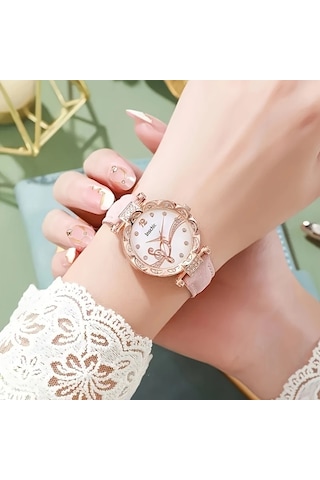 Kadın Yuvarlak Kuvars Saat Ve Bileklik+kolye+küpe+yüzük Takı Seti Pudra