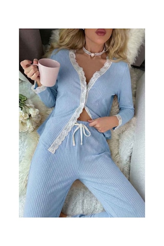 Merry See Ribanalı Dantel Detay İki Parça Pijama Takım Mavi