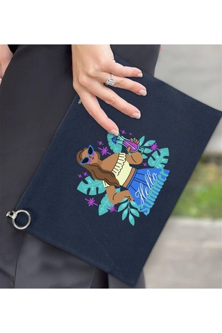 Bk Gift Yaz Temalı-3 Astarlı Lacivert Portföy Çanta 30x21cm, Baskılı El Çantası, Organizer Çanta