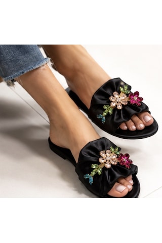 N Napa Shoe Np.8777.siyah Abiye Taşlı Kadın Taş İşlemeli Saten Fiyonklu Terlik Siyah Günlük & Özel Davet Şıklığı