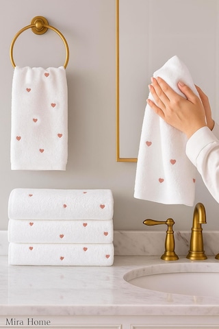 4 Lü Kalp Nakış İşlemeli El Yüz Havlu Seti %100 Pamuklu 50x90 Cm Hand Of Love Gülkurusu