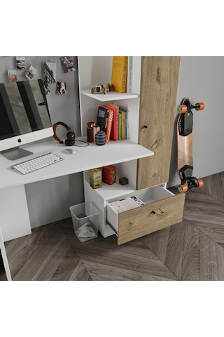 Merlin Mobilya Minör Çalışma Masası Ve 7 Bölmeli Kitaplık Meşe Beyaz - Meşe