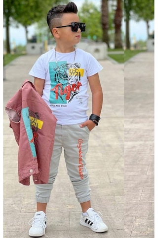 Riccotarz Erkek Çocuk Kaplan Detaylı T-shirt Sırt Baskılı Kolsuz Pudra Jean Ceket Kargo Cepli Alt Üst Takım Pudra