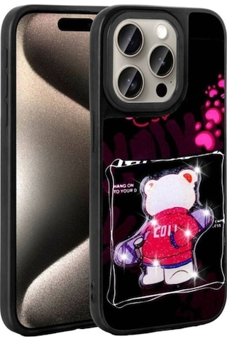 Apple Uyumlu iPhone 15 Pro Max Kılıf Parlayan Kabartmalı İkonik Figürlü Zore Amas Silikon Kapak Siyah