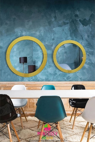 Safir Gold Dekoratif Ahşap İşlemeli Duvar Aynası İkili 56-43 Cm Altın