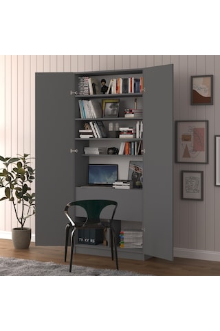 Asra Trend Modern Dolaplı Çalışma Masası MD001 %100 MDF Katlanır Raflı Ofis Yemek Masası Antrasit
