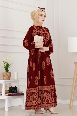 Sevitli Yarım Düğmeli Robalı Amine Elbise-bordo-4942