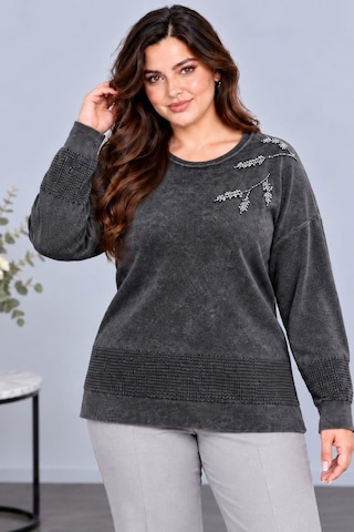 Cedy Denim Cedy Denım Kadın Bisiklet Yaka Dal Yaprak İşlemeli Taş Detaylı Dokulu Triko Kazak C27061 Antrasit