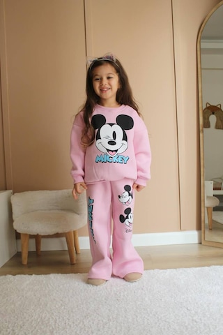 Kız Çocuk Pudra Pembe Renk Pamuklu 3 İplik Şardonlu Mickey Baskılı Alt Üst Takım Pembe