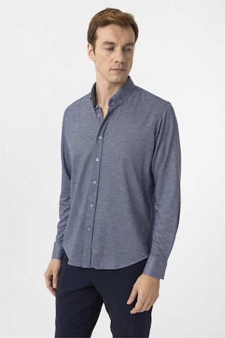 Süvari Lacivert Slim Fit Armürlü Düğmeli Yaka Gömlek-34584 Lacivert