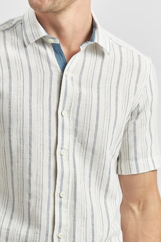 İmza Koyu Lacivert Kısa Kollu Çizgili Armürlü Garnili Pamuklu Casual Slim Fit Dar Kesim Gömlek 1004240244 Koyu Lacivert