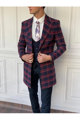 Modefendi Slim Fit İtalyan Kesim Ekose Kaşe Kaban Lacivert