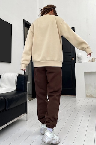 Modagen Kadın Kahverengi Bej Brooklyn Baskı Oversize Bisiklet Yaka Alt Üst Eşofman Takımı Kahverengibej