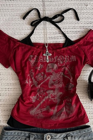 Bordo Skeleton Madonna Yaka Ek Askılı Gotik Y2k Kısa Kollu Full Body Crop-18350 Bordo