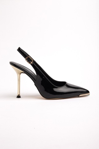 Dilimler Ayakkabı Kadın İnce Topuklu Stiletto Siyah Rugan Metal Taş Aksesuarlı-4540 Siyah