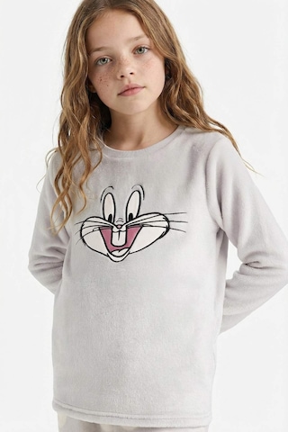Defacto Kız Çocuk Looney Tunes Pijama Takımı Nakışlı Pelüş Uzun Kollu Üst Uzun Alt D1069a825wngr294 Gri