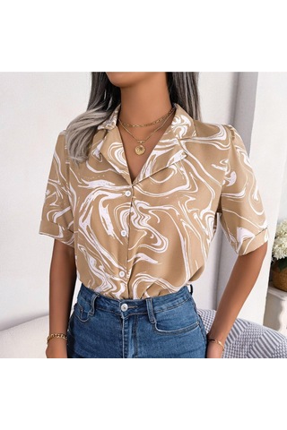 Gmxıa Kadın Modası Rahat Kısa Kollu Takım Yaka Bluzlar Ve Gömlekler Renk Kontrastı Bol Gömlek Haki