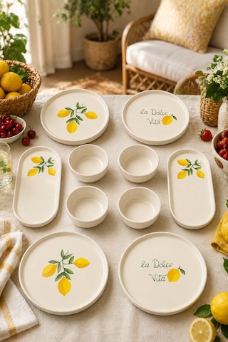 Amalfi 10 Parça 4 Kişilik Stackable Seramik Kahvaltı Takımı Limon Desenli Ayaklı Sunumluklu Sofra Seti Beyaz