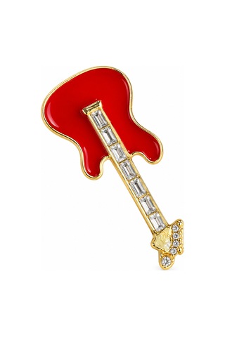 Kırmızı Gitar Figürlü Zirkon Taş Detaylı Gold Renk Broş Müzik Temalı Yaka Aksesuarı Açık Gri