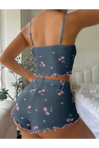 Mavi Kiraz Desenli Askılı Şortlu Pijama Takımı Mavi