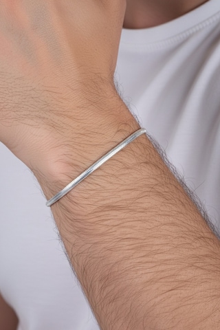 925 Ayar Gümüş Balık Sırtı Ezme İtalyan Model Erkek Zincir Bileklik Barcode Gümüş