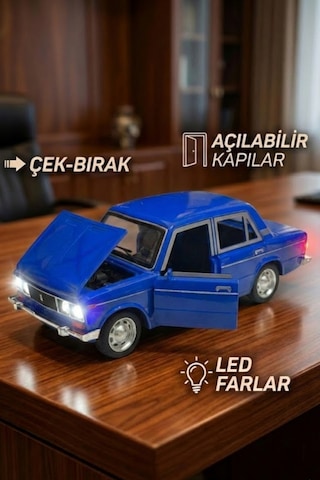 Lada Vaz 2107 Metal Diecast Model Araba 1:24 Ölçek 18cm Sesli Işıklı Çek Bırak Lacivert Çok Renkli