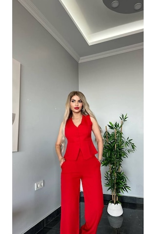 Kadın Yelek Pantolon Takım Kadın Şık Yelekli Takım - Dar Kalıptır Kırmızı Kırmızı