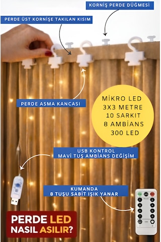 Perde Led 3x3 Kumandalı 8 Fonksiyonlu 300 Led 10 Sarkıtlı Yılbaşı Çam Ağacı Süsleme Usb Gece Lambası