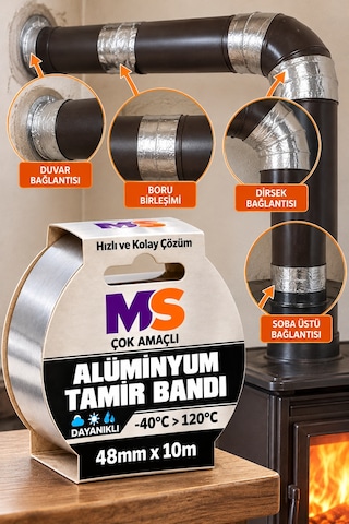 4 Adet Yapışkanlı Yanmaz Alüminyum Folyo Tamir Bandı 48 Mm X 10 Metre Dayanıklı Soba Borusu Bantı