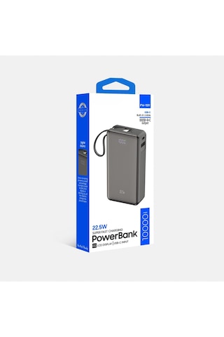 10.000 Mah 22.5w Hızlı Şarj 1xusb 1xtype-c Çıkış Powerbank Type-c Kablolu Led Göstergeli Güç Bankası Gri