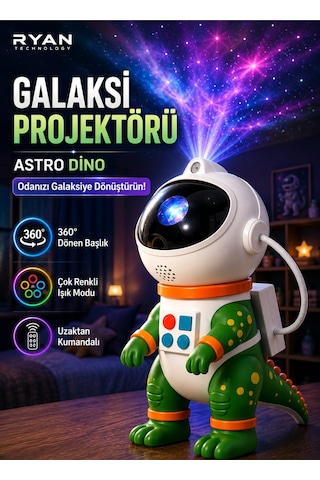 Galaksi Yıldız Projektör Gece Lambası Astro Dino 360 Döner Uzaktan Kumandalı Çocuk Odası Projektörü Çok Renkli