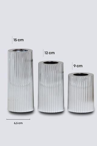 3 Lü Silver Gümüş Krom Tırtıklı Yüzey Mumluk Dekoratif Tealight