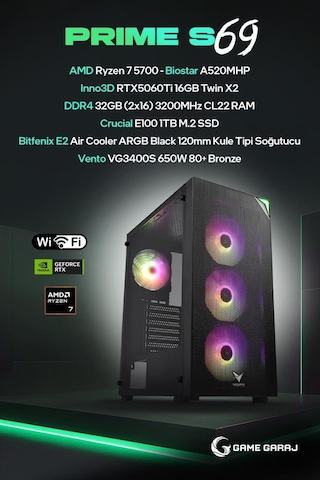 Game Garaj Vento Prime S69 R7-5700 32 GB 1 TB SSD 16 GB RTX5060Tİ Dos Oem Paket Masaüstü Oyuncu Bilgisayarı