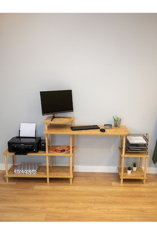Çalışma Masası 5 Raflı Ahşap Ayaklı Dekoratif Modern Bilgisayar Ofis Masası - Safir Meşe-köşe